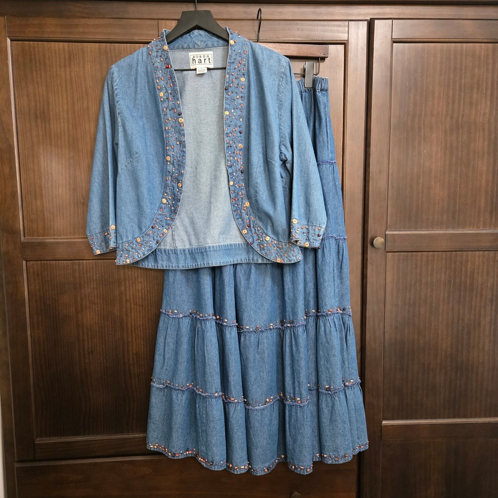 Keren Hart Blue Denim Beaded Skirt Set Jacket L Skirt M Boho Western Tiered Maxi